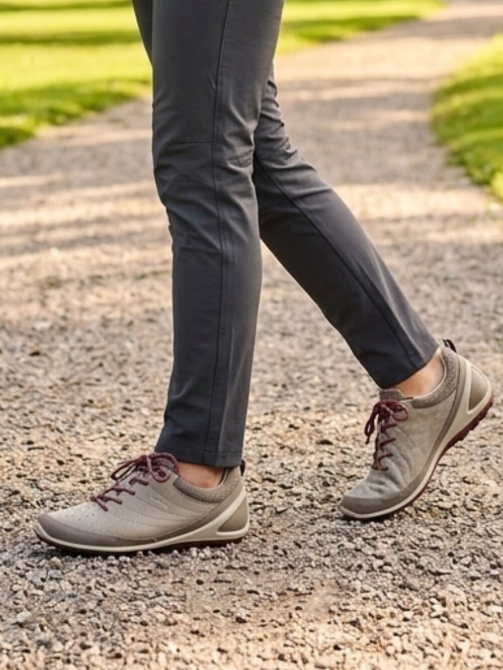Ecco  BIOM Lite Taupe Leather Sneakers with Burgundy Laces